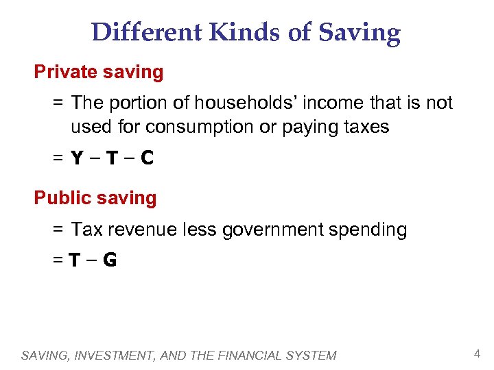 Different Kinds of Saving Private saving = The portion of households’ income that is