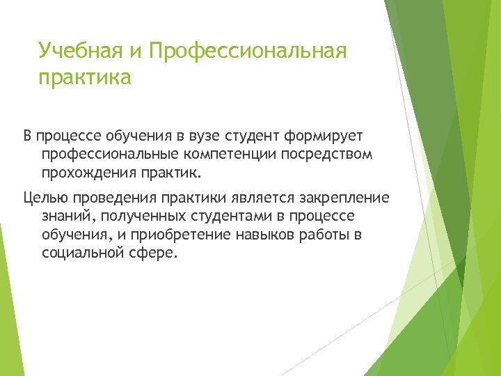 Учебная и Профессиональная практика В процессе обучения в вузе студент формирует профессиональные компетенции посредством