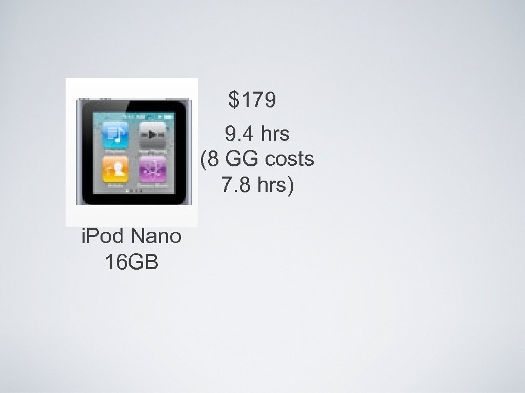 $179 9. 4 hrs (8 GG costs 7. 8 hrs) i. Pod Nano 16