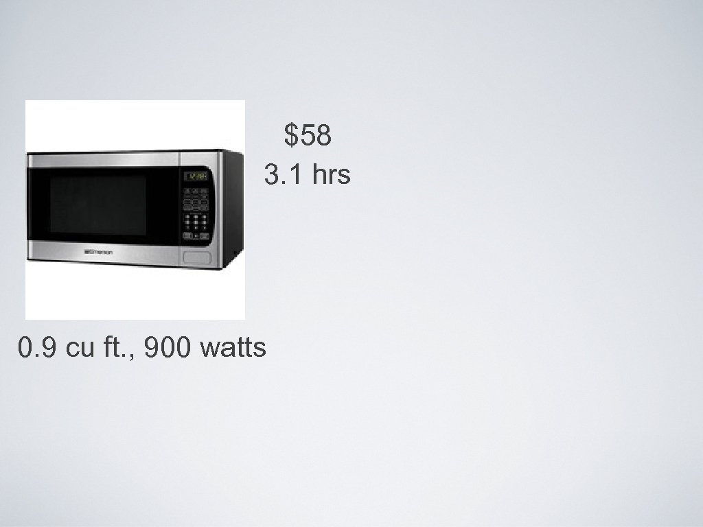 $58 3. 1 hrs 0. 9 cu ft. , 900 watts 