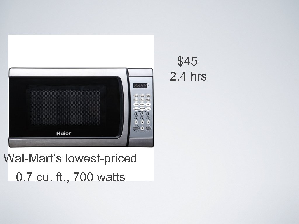 $45 2. 4 hrs Wal-Mart’s lowest-priced 0. 7 cu. ft. , 700 watts 