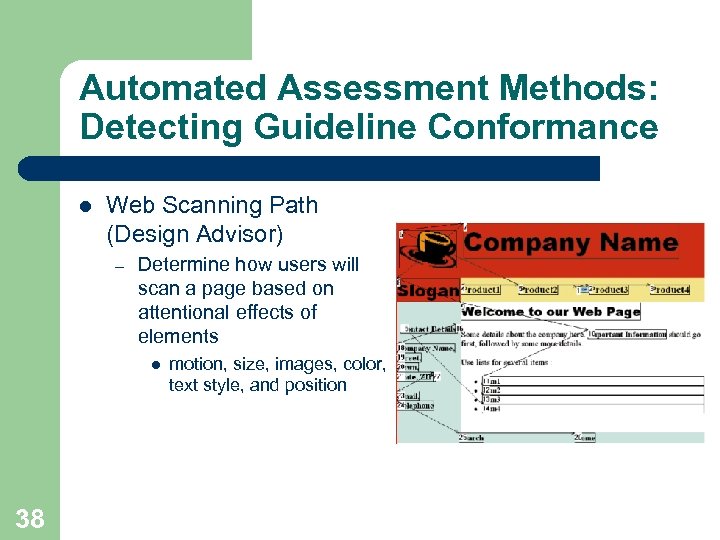 Automated Assessment Methods: Detecting Guideline Conformance l Web Scanning Path (Design Advisor) – Determine