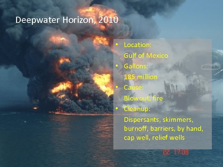 Deepwater Horizon, 2010 • Location: Gulf of Mexico • Gallons: 185 million • Cause:
