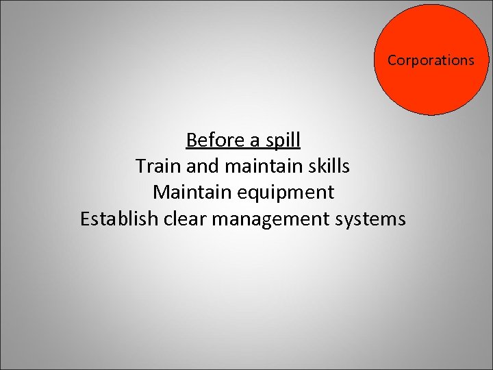 Corporations Before a spill Train and maintain skills Maintain equipment Establish clear management systems