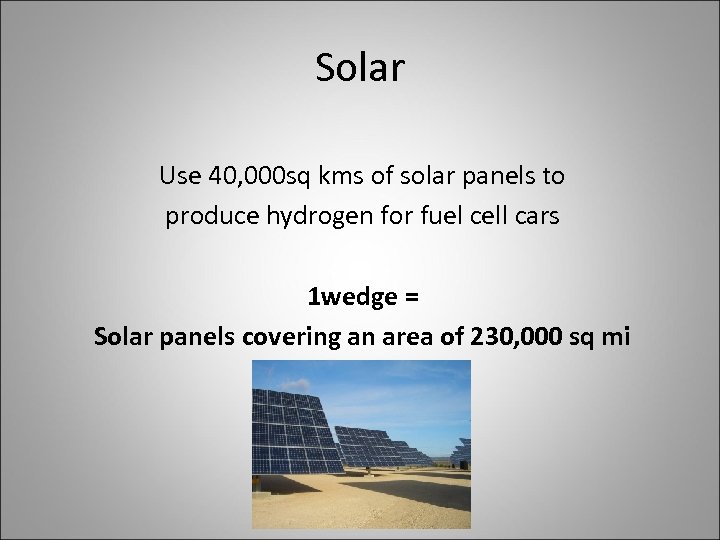 Solar Use 40, 000 sq kms of solar panels to produce hydrogen for fuel