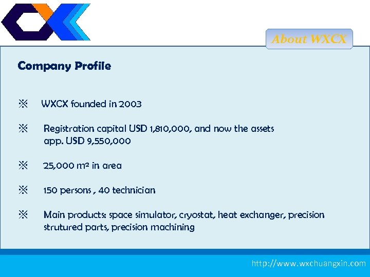 About WXCX Company Profile ※ WXCX founded in 2003 ※ Registration capital USD 1,