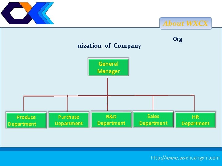 About WXCX Org nization of Company General Manager Produce Department Purchase Department R&D Department