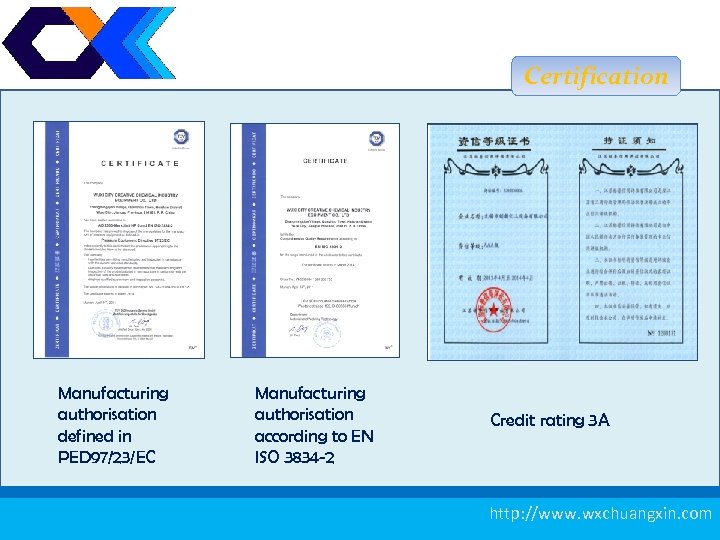 Certification 资 信等级证书 Manufacturing authorisation defined in PED 97/23/EC Manufacturing authorisation according to EN