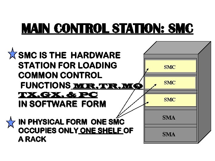 MAIN CONTROL STATION: SMC IS THE HARDWARE STATION FOR LOADING COMMON CONTROL FUNCTIONS MR,