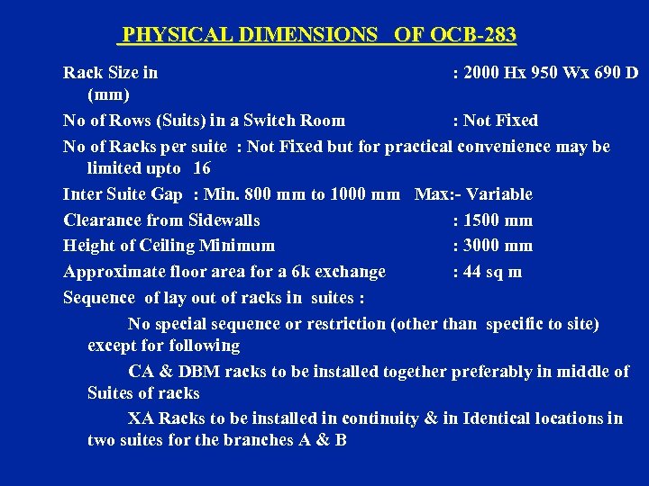 PHYSICAL DIMENSIONS OF OCB-283 Rack Size in : 2000 Hx 950 Wx 690 D