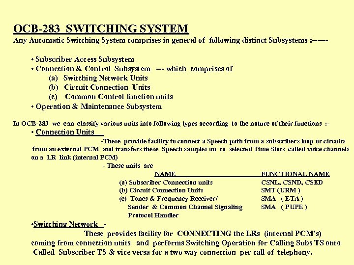 OCB-283 SWITCHING SYSTEM Any Automatic Switching System comprises in general of following distinct Subsystems