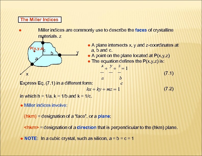 The Miller Indices ● Miller indices are commonly use to describe the faces of