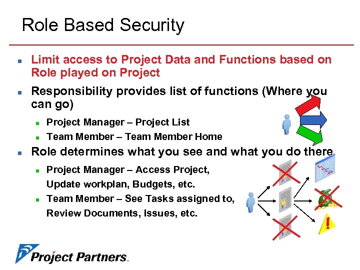 Role Based Security n n Limit access to Project Data and Functions based on
