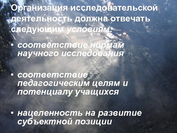 Организация исследовательской деятельность должна отвечать следующим условиям: • соответствие нормам научного исследования • соответствие