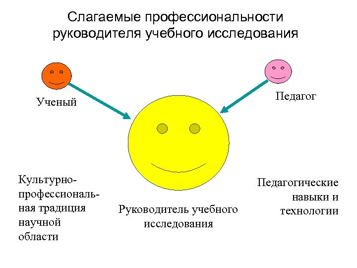 Слагаемые профессиональности руководителя учебного исследования Ученый Педагог Культурнопрофессиональная традиция научной области Педагогические навыки и