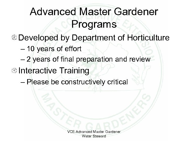 Advanced Master Gardener Programs Developed by Department of Horticulture – 10 years of effort