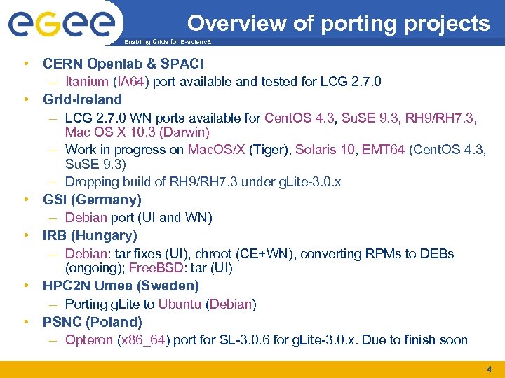 Overview of porting projects Enabling Grids for E-scienc. E • CERN Openlab & SPACI