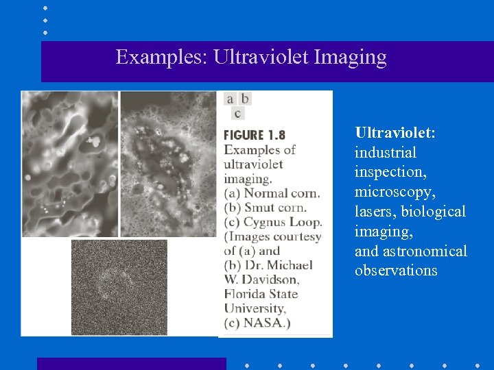 Examples: Ultraviolet Imaging Ultraviolet: industrial inspection, microscopy, lasers, biological imaging, and astronomical observations 