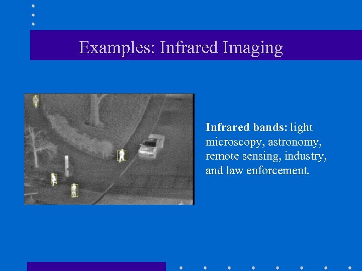 Examples: Infrared Imaging Infrared bands: light microscopy, astronomy, remote sensing, industry, and law enforcement.