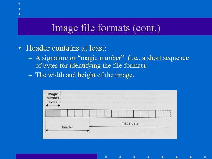 Image file formats (cont. ) • Header contains at least: – A signature or