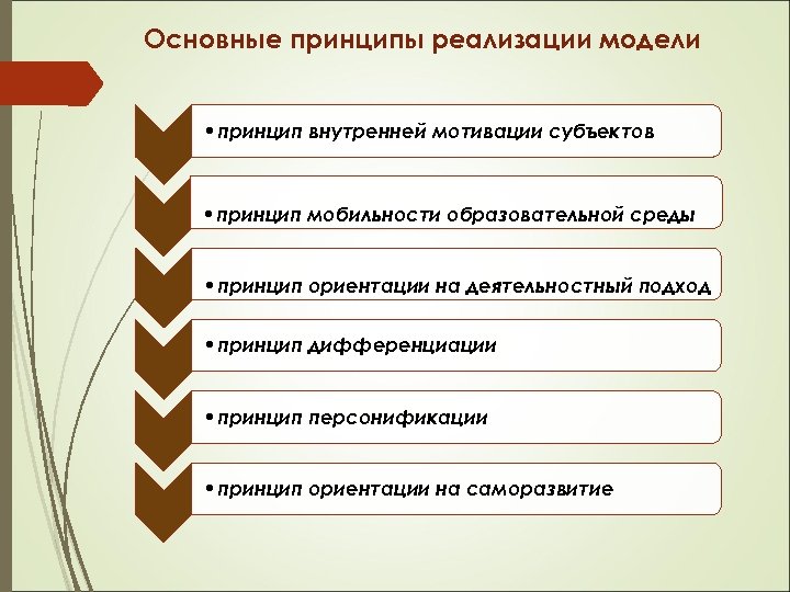 Основные принципы реализации модели • принцип внутренней мотивации субъектов • принцип мобильности образовательной среды
