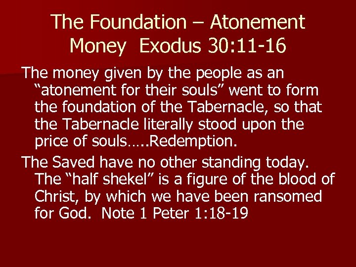 The Foundation – Atonement Money Exodus 30: 11 -16 The money given by the