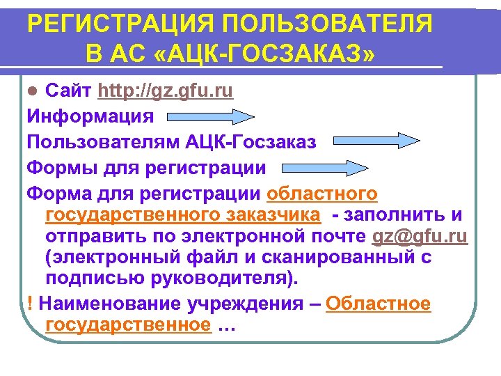 РЕГИСТРАЦИЯ ПОЛЬЗОВАТЕЛЯ В АС «АЦК-ГОСЗАКАЗ» Сайт http: //gz. gfu. ru Информация Пользователям АЦК-Госзаказ Формы