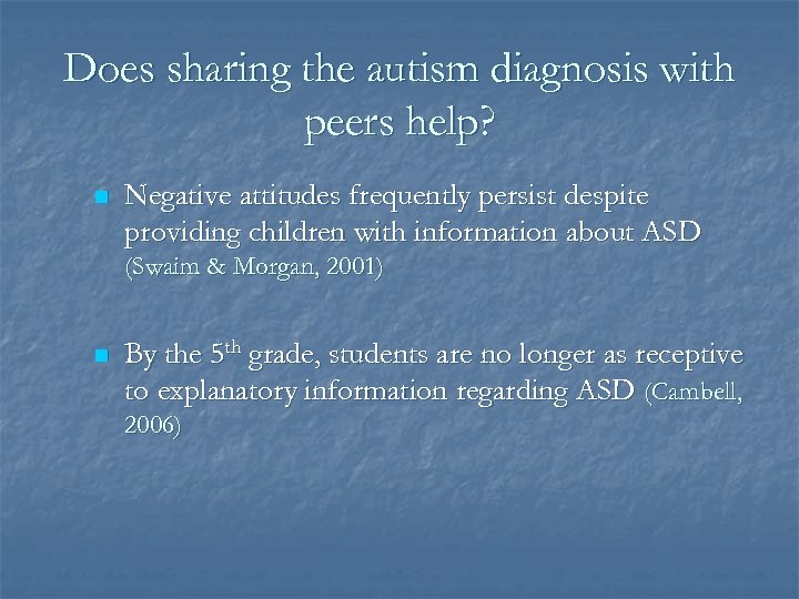 Does sharing the autism diagnosis with peers help? n Negative attitudes frequently persist despite