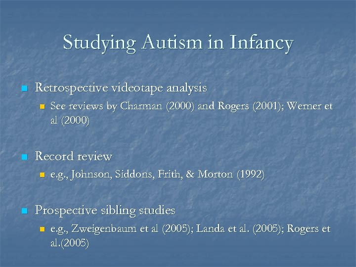 Studying Autism in Infancy n Retrospective videotape analysis n n Record review n n