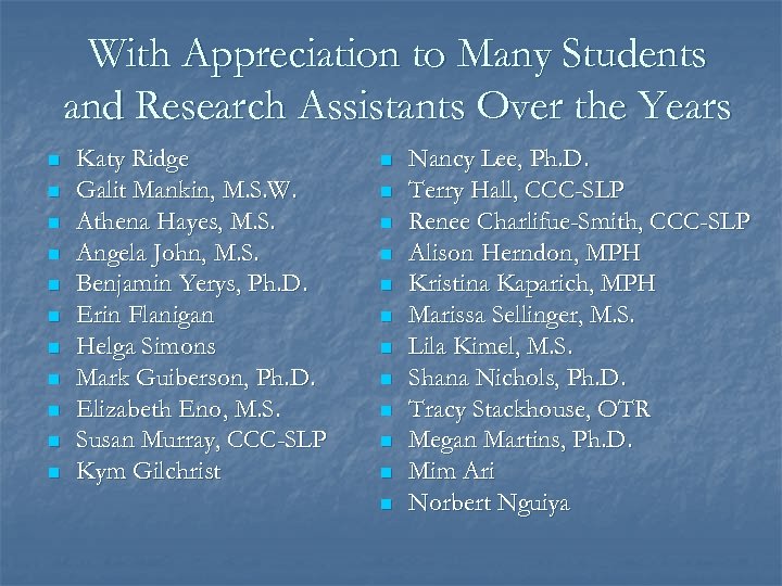 With Appreciation to Many Students and Research Assistants Over the Years n n n