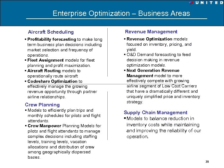 Enterprise Optimization – Business Areas Aircraft Scheduling § Profitability forecasting to make long term
