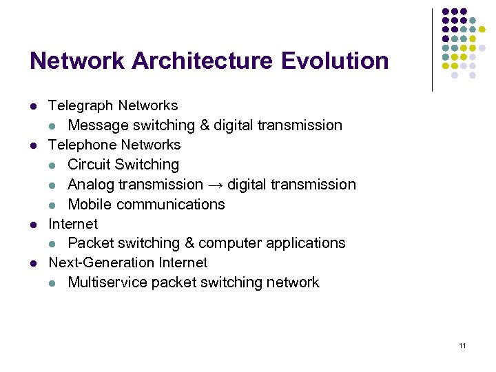 Network Architecture Evolution l l Telegraph Networks l Message switching & digital transmission Telephone