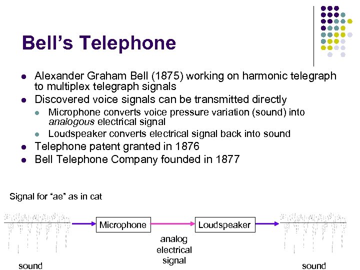 Bell’s Telephone l l Alexander Graham Bell (1875) working on harmonic telegraph to multiplex