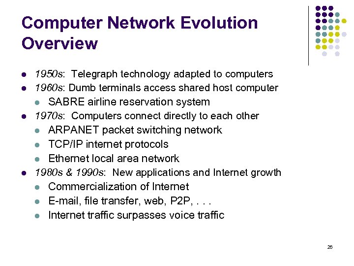 Computer Network Evolution Overview l l 1950 s: Telegraph technology adapted to computers 1960