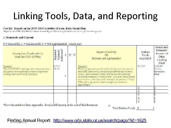 Linking Tools, Data, and Reporting Finding 2010 October, Annual Report: http: //www. ode. state.