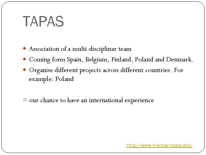 TAPAS Association of a multi-disciplinar team Coming form Spain, Belgium, Finland, Poland Denmark. Organise