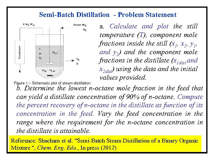 Semi-Batch Distillation - Problem Statement a. Calculate and plot the still temperature (T), component