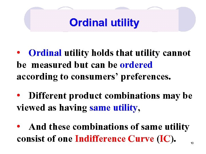 Ordinal utility • Ordinal utility holds that utility cannot be measured but can be