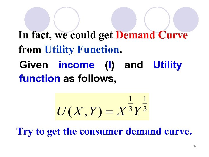 In fact, we could get Demand Curve from Utility Function. Given income (I) and