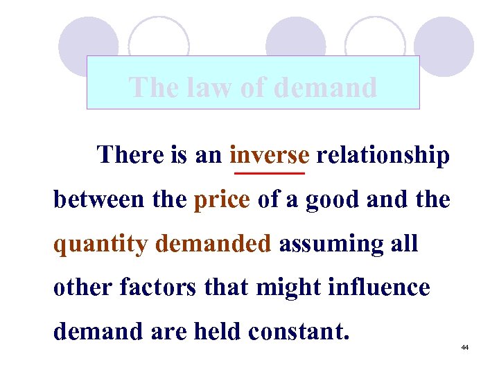 The law of demand There is an inverse relationship between the price of a