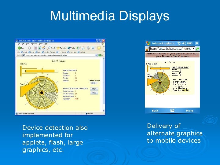 Multimedia Displays Device detection also implemented for applets, flash, large graphics, etc. Delivery of