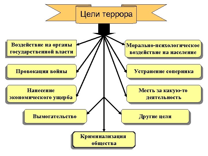 Цели террора Воздействие на органы государственной власти Морально-психологическое воздействие на население Провокация войны Устранение