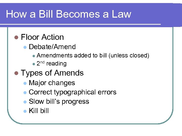 How a Bill Becomes a Law l Floor l Action Debate/Amendments added to bill