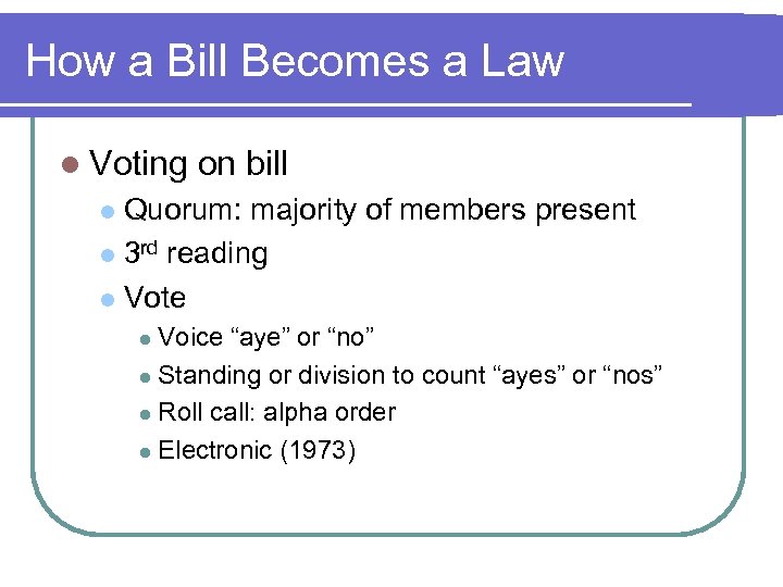 How a Bill Becomes a Law l Voting on bill Quorum: majority of members