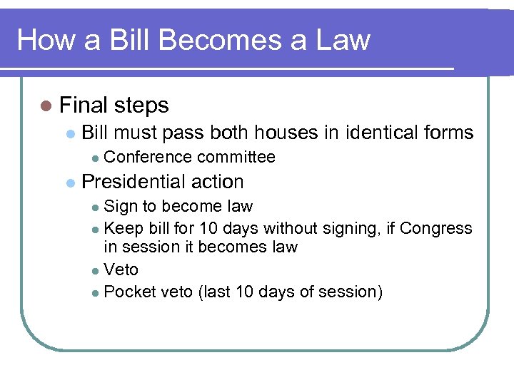 How a Bill Becomes a Law l Final l Bill must pass both houses