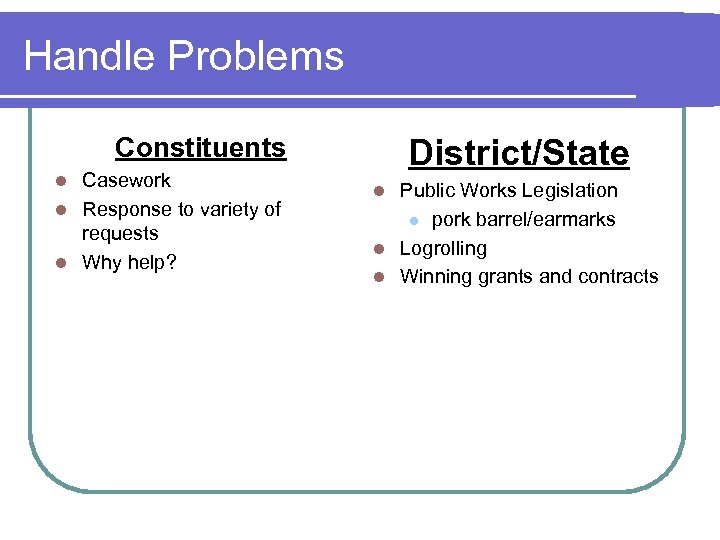 Handle Problems Constituents Casework l Response to variety of requests l Why help? l