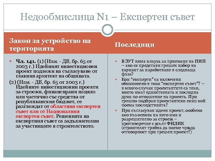 Недообмислица N 1 – Експертен съвет Закон за устройство на територията Последици Чл. 141.