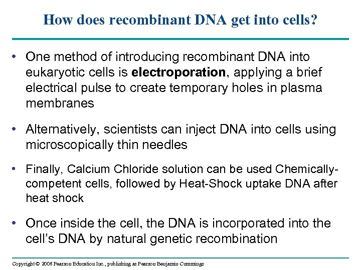 How does recombinant DNA get into cells? • One method of introducing recombinant DNA