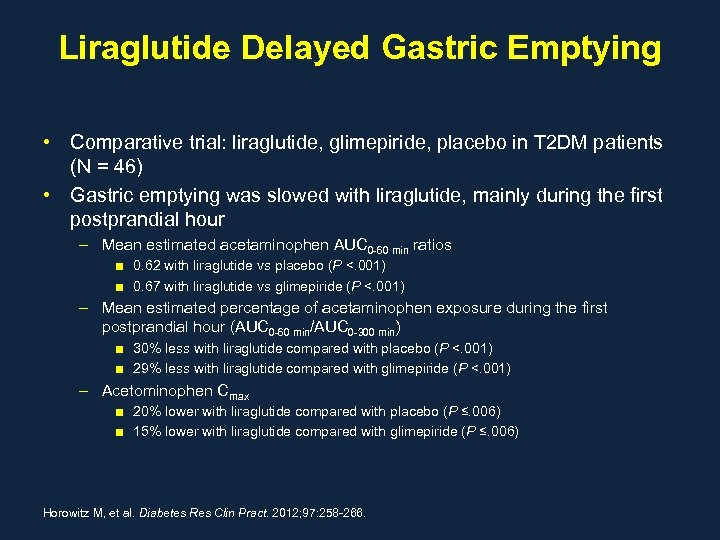 Liraglutide Delayed Gastric Emptying • Comparative trial: liraglutide, glimepiride, placebo in T 2 DM