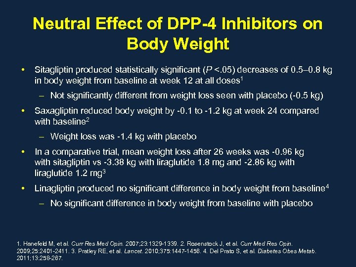 Neutral Effect of DPP-4 Inhibitors on Body Weight • Sitagliptin produced statistically significant (P